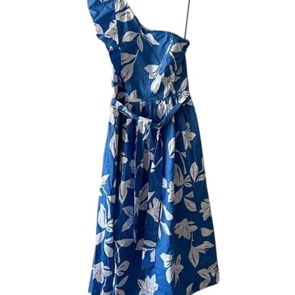 NWT J Crew Floral Ruffle One Shoulder Midi Dress Tie Elastic Waist 14 Blue White - Picture 12 of 15